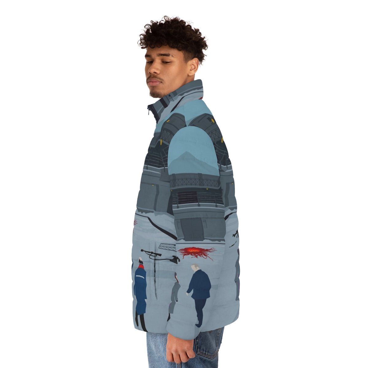 Stranger Things Fan Art Print Puffer Jacket with Eleven, Hopper, and Joyce - men side left