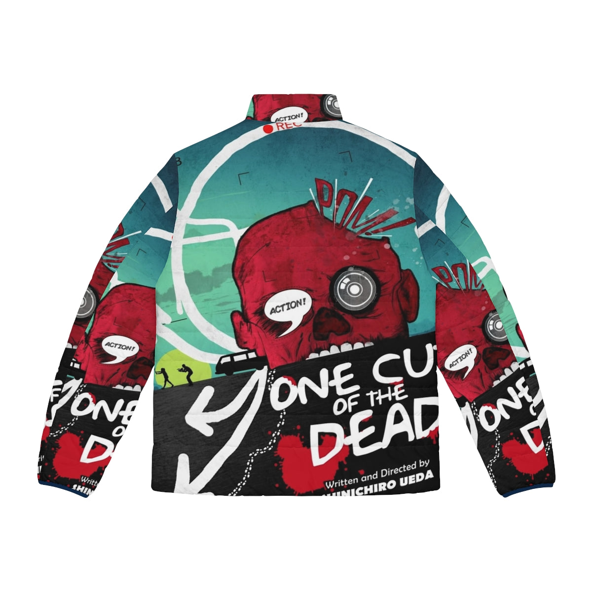 One Cut of the Dead Puffer Jacket featuring the iconic zombie parody film - Back