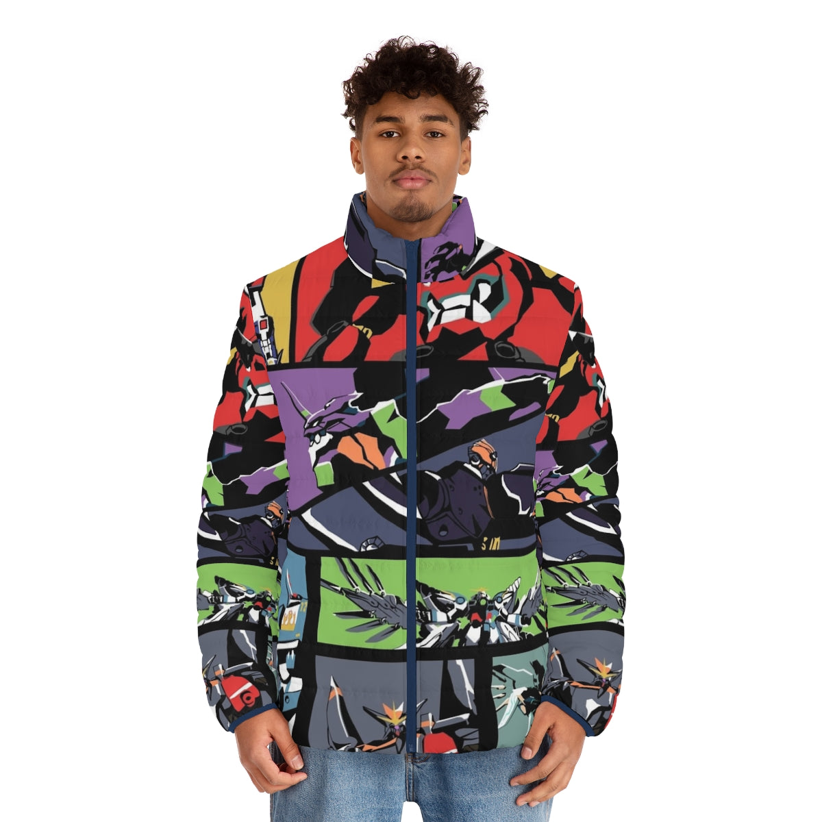 Super Robots Puffer Jacket, futuristic mecha inspired outerwear - men front