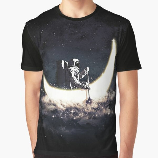 A surreal, abstract graphic t-shirt featuring a cosmic sailing theme with an astronaut on the moon.