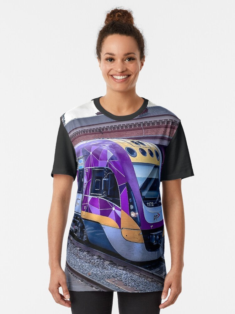 Graphic t-shirt featuring a VLine train at Castlemaine Station in Victoria, Australia - Women