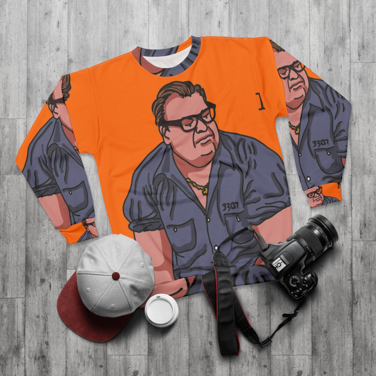 Scared Straight Matt Foley Sweatshirt with Chris Farley and Van Down by the River - flat lay