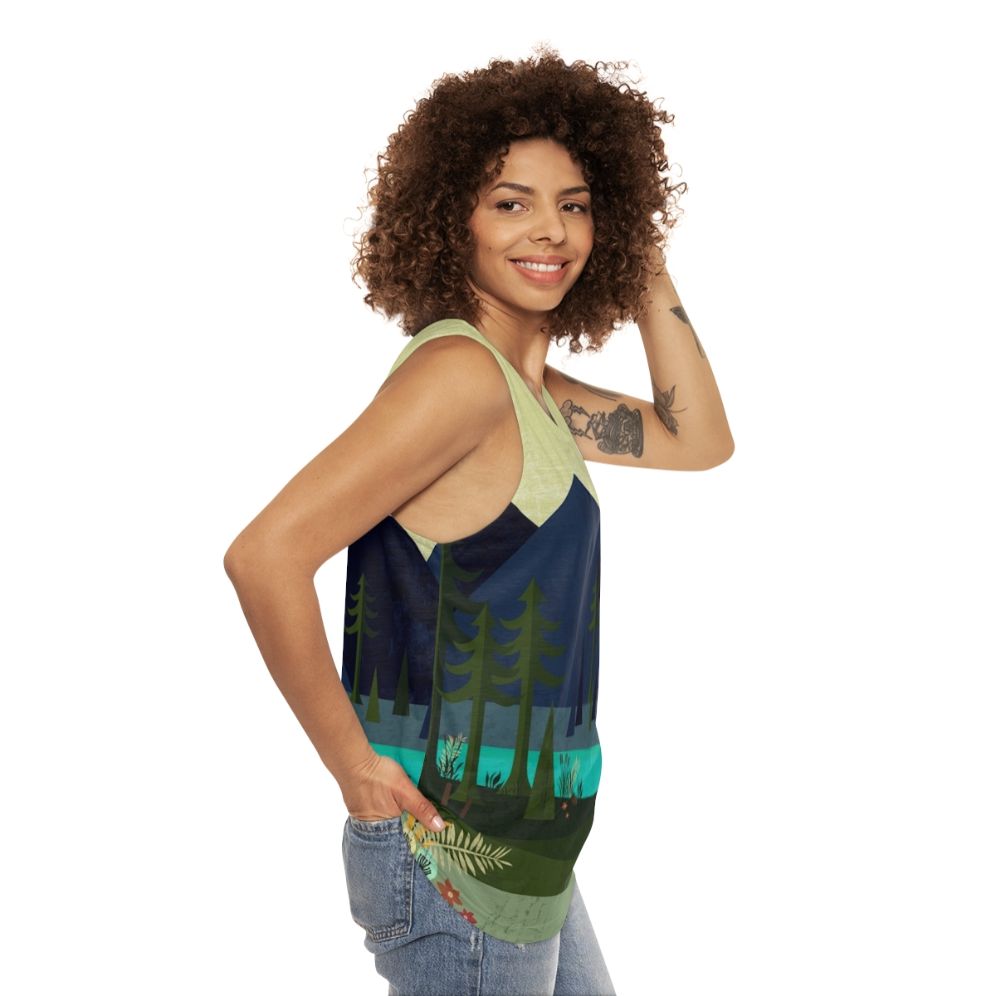 Unisex tank top with a nature-inspired forestscape design featuring deer and flowers - women side