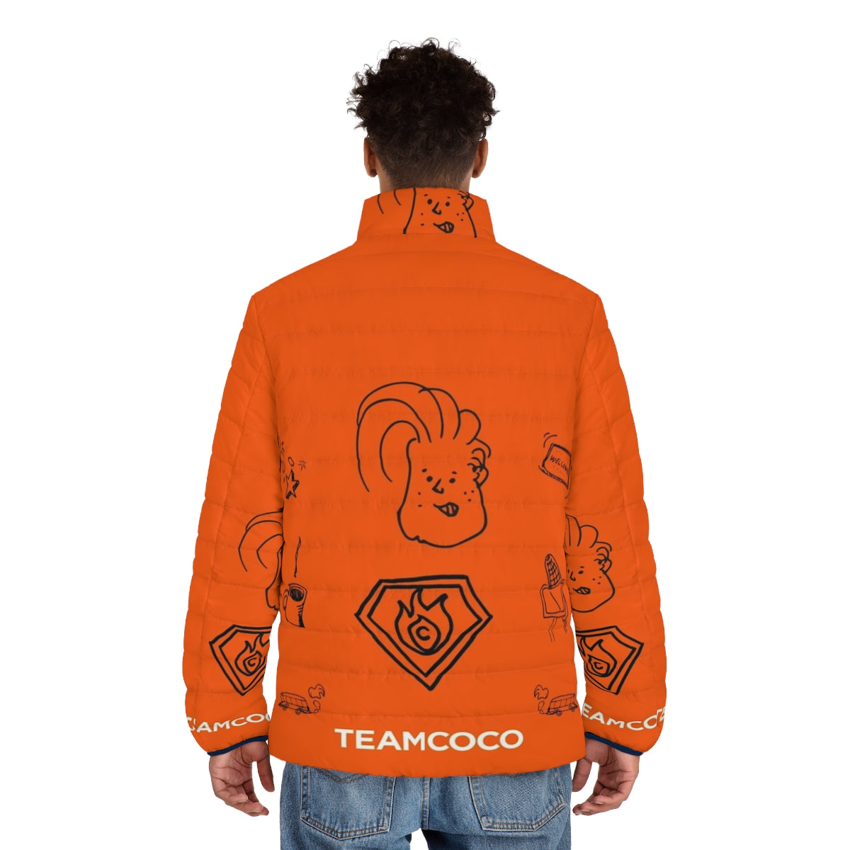 Team Coco Doodle World Puffer Jacket featuring Conan O'Brien's iconic brand - men back