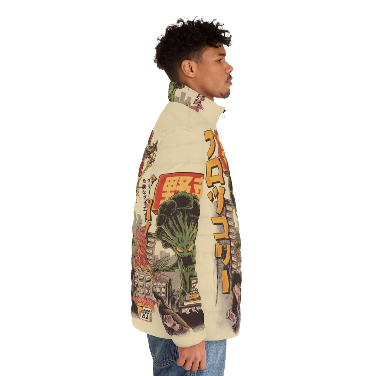 Broccozilla puffer jacket featuring a vegetable monster design - men side right