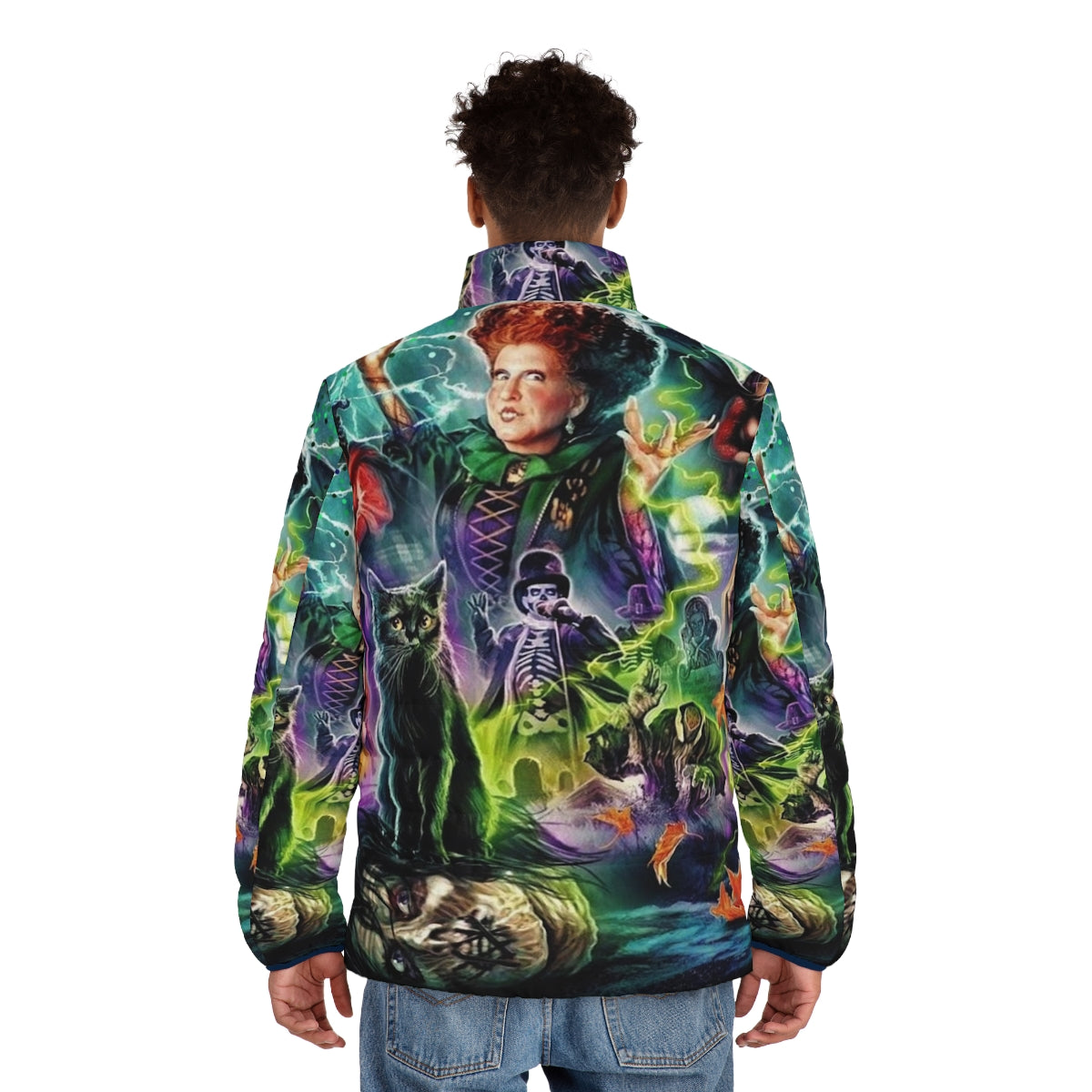 Hocus Pocus 1993 puffer jacket with witch, black cat, and other iconic imagery - men back