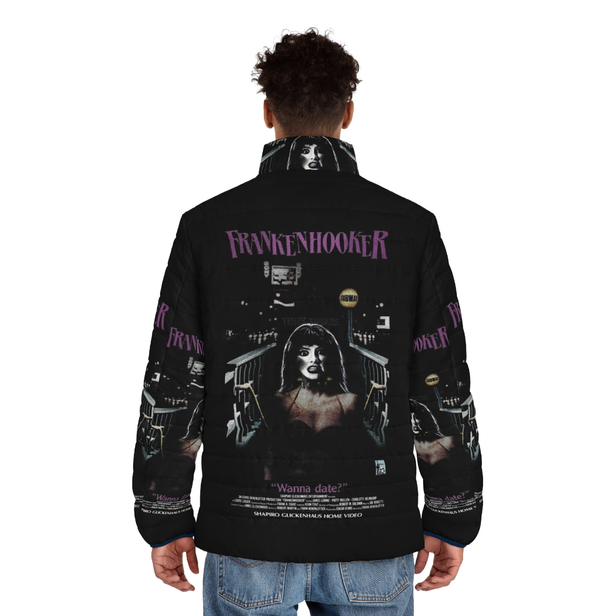 Frankenhooker Retro Puffer Jacket featuring iconic movie imagery and design - men back