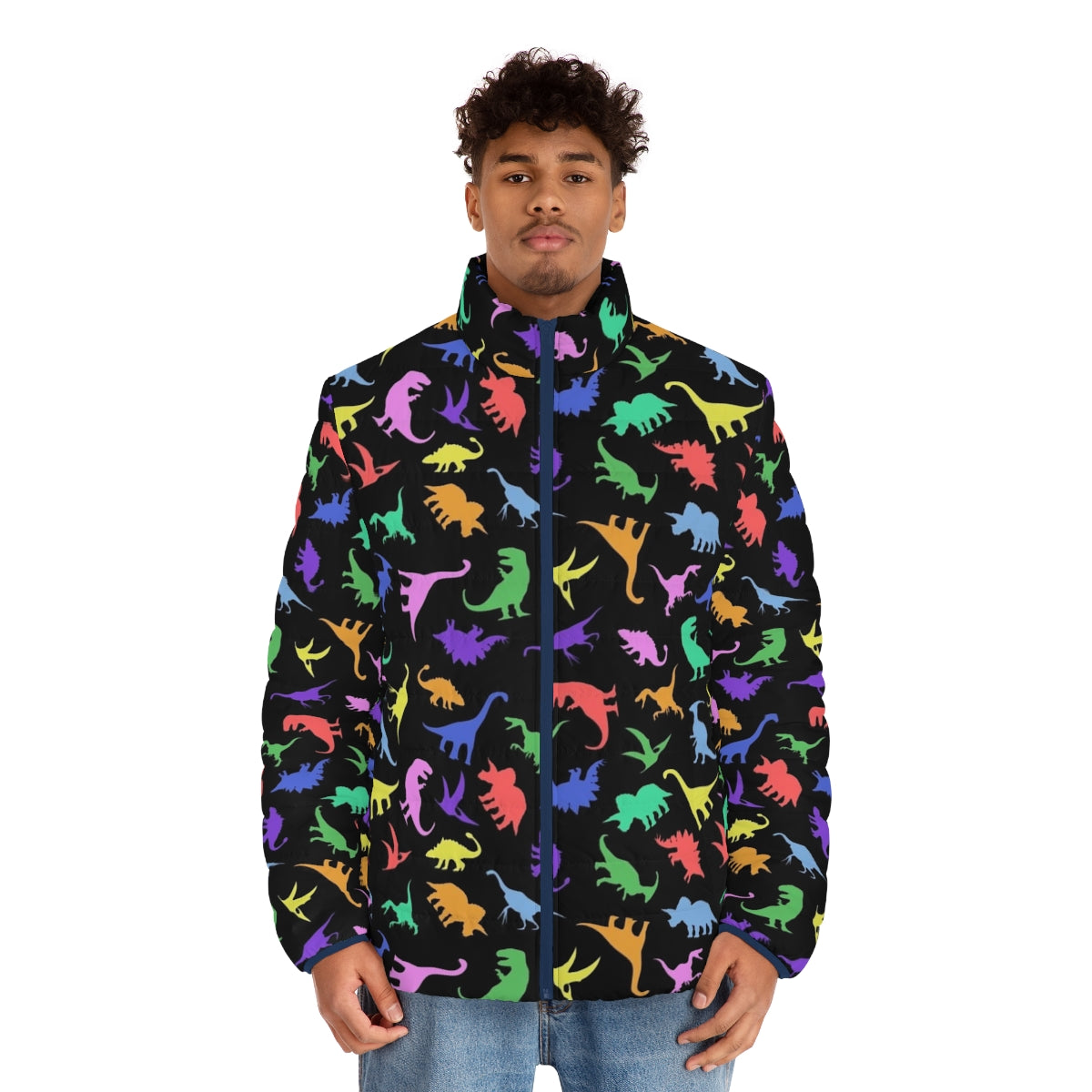 Dinosaur pattern black puffer jacket - men front