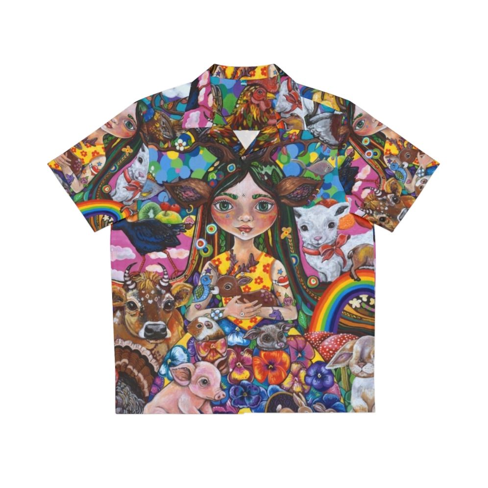 Eco-friendly Hawaiian shirt with nature and goddess design