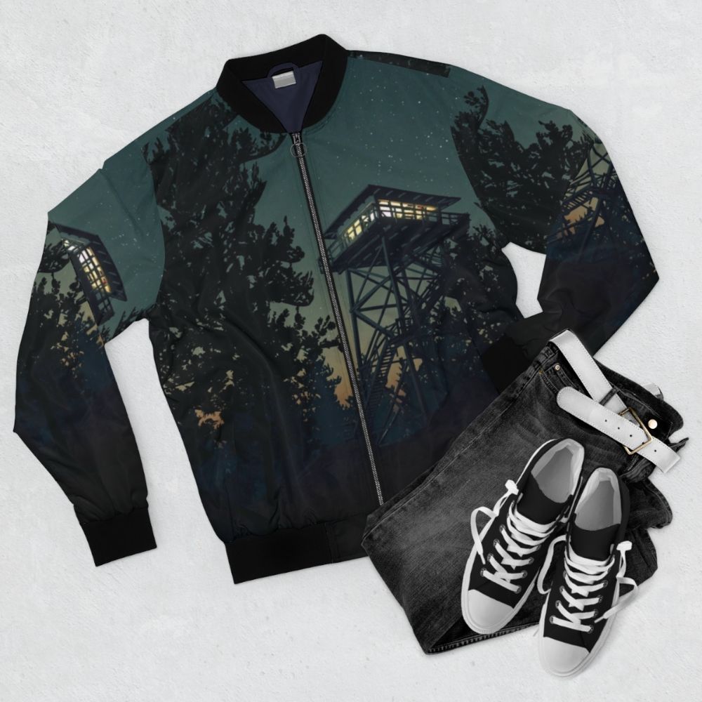 Firewatch-inspired minimalistic landscape design with mountains, forest, and sunset on a 4K bomber jacket - Flat lay