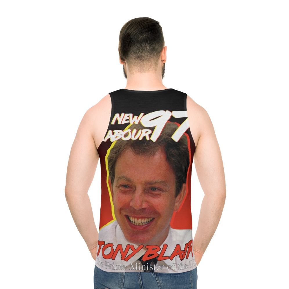 Vintage style unisex tank top with Tony Blair and Labour Party imagery - men back