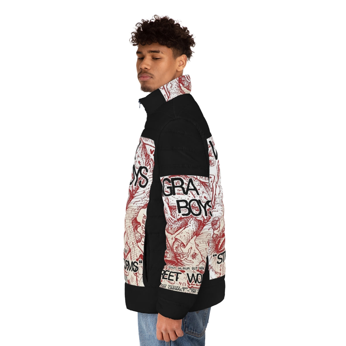 Viagra Boys Street Worms Puffer Jacket featuring yin yang pattern and minimalist design - men side left