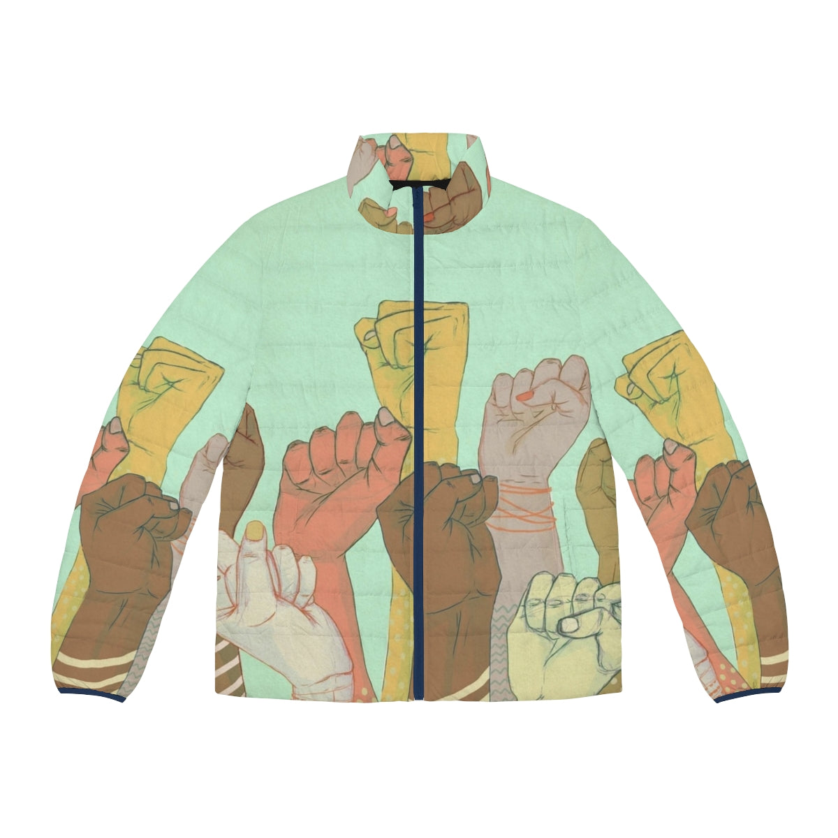 Colorful puffer jacket with a pattern of diverse hands and arms, symbolizing togetherness and unity.