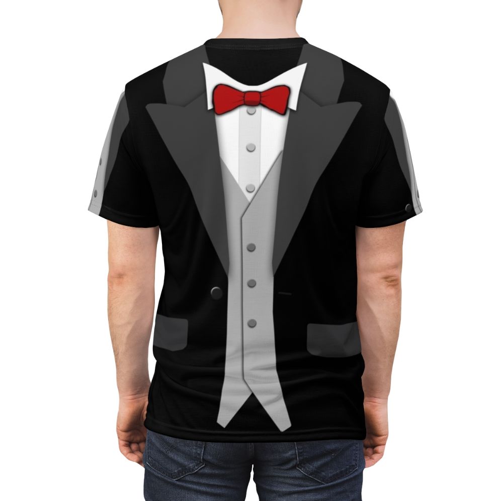 Model wearing a black tuxedo T-shirt with a red bow tie and vest - men back