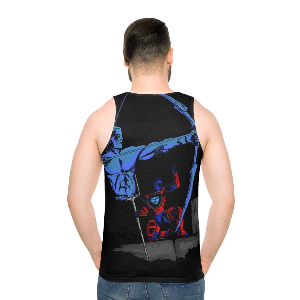 Retro unisex tank top with Cryotek-inspired 80s cartoon design - men back