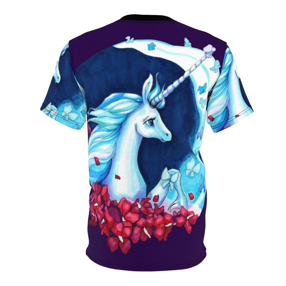 Enchanting moonlight unicorn t-shirt with blue butterflies and floral elements - Back