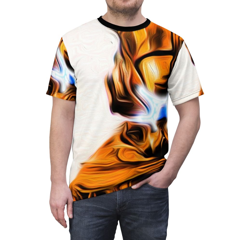 Futuristic mech battle t-shirt with sci-fi oil painting design - men front