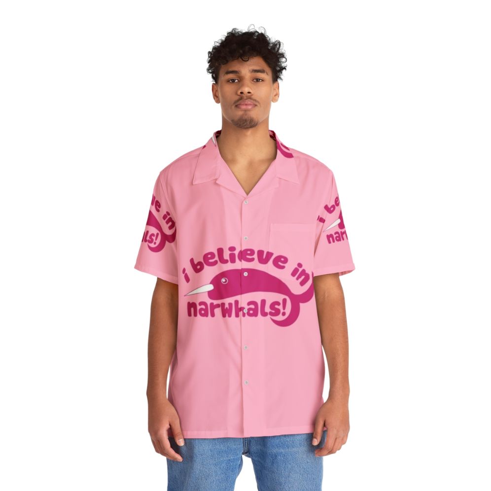 Pink Hawaiian shirt with cute narwhal design - People Front