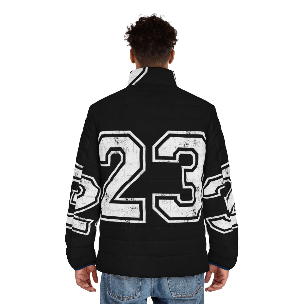 Man wearing number 23 basketball jersey sports puffer jacket - men back