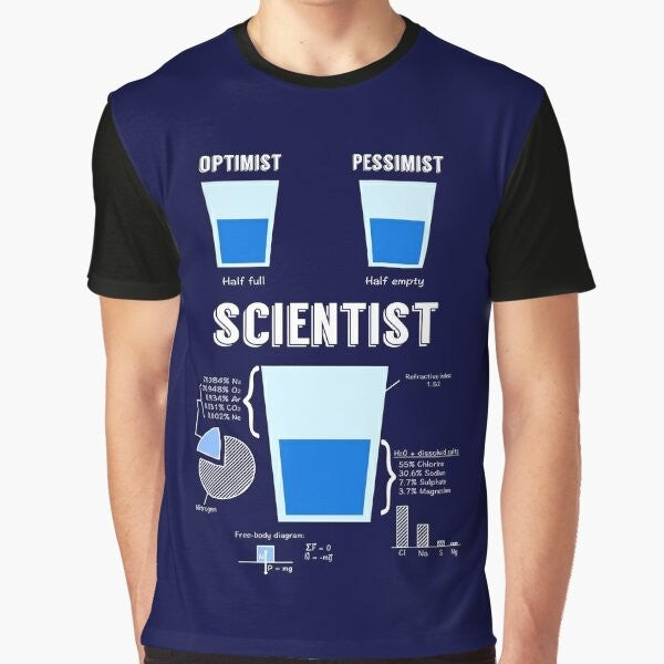 Optimist... pessimist... SCIENTIST! Funny science graphic t-shirt design featuring a pun about the different perspectives of scientists.