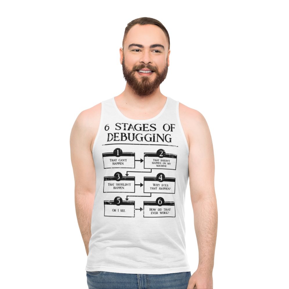 Unisex tank top with "6 Stages of Debugging" design for programmers and coders - men