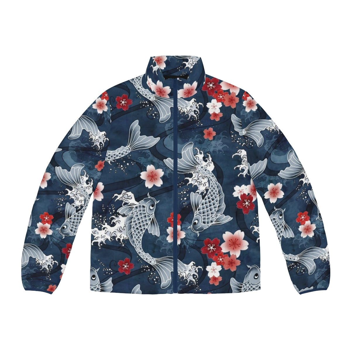 Blue puffer jacket with floral koi fish and sakura blossom watercolor design