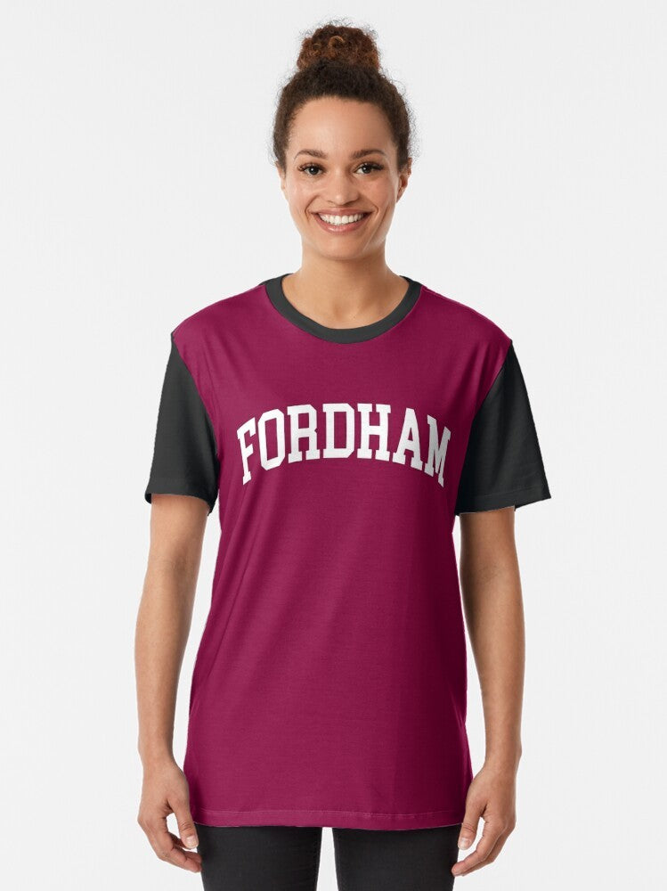 Fordham College Curved Graphic T-Shirt, featuring the Fordham university logo in a curved font design - Women