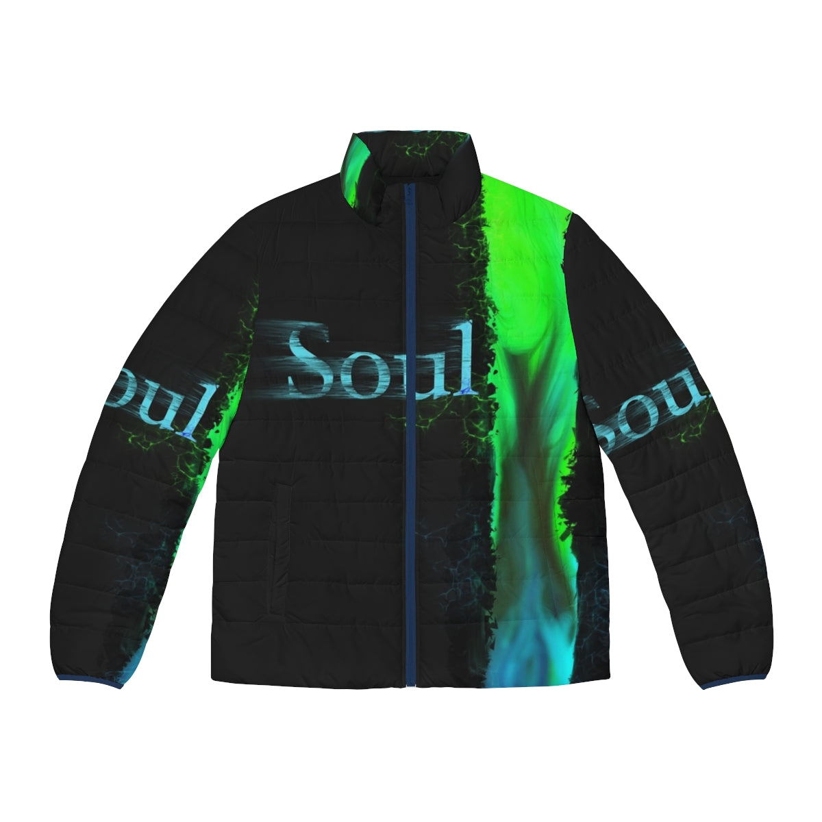 A stylish puffer jacket featuring a negative silhouette design of a Black Mage from the Final Fantasy video game series.