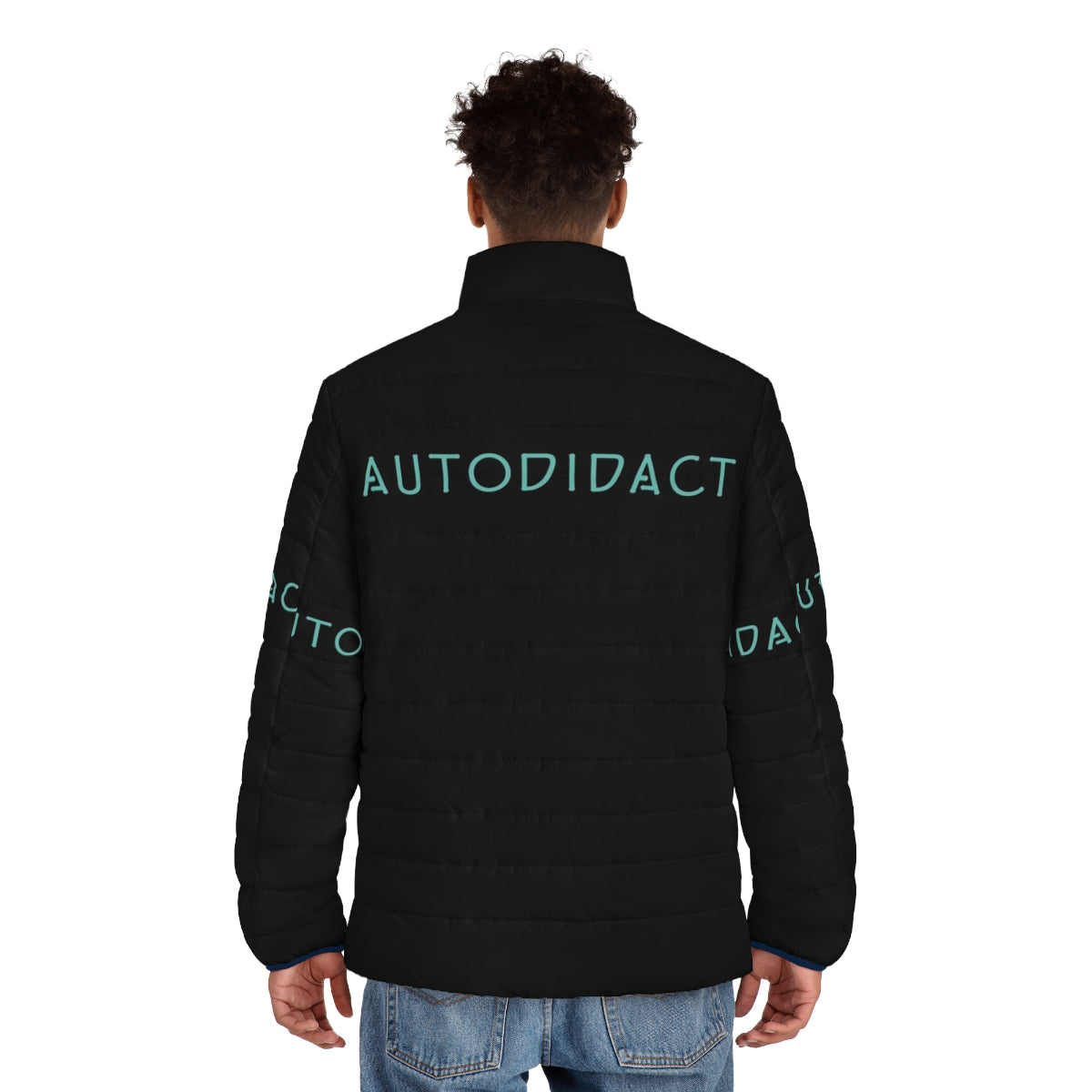 Puffer jacket with text design for autodidact lifelong learners - men back