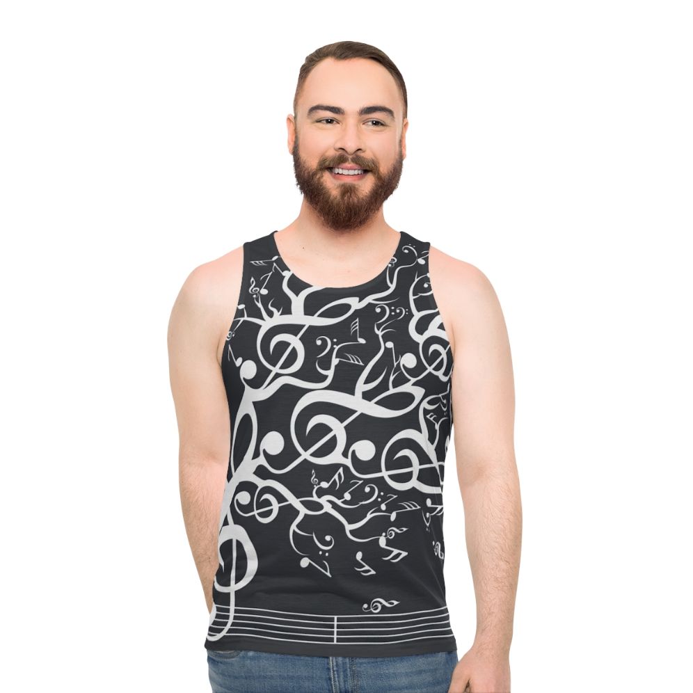 White unisex tank top with nature and music design - men