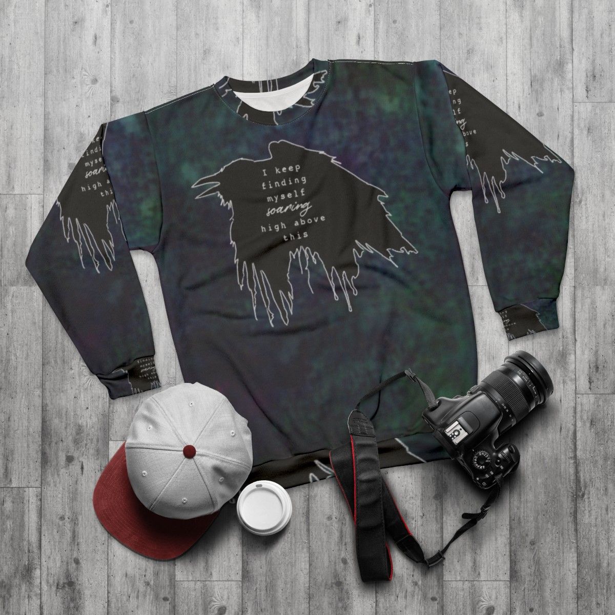 Impossible acid wash sweatshirt with minimalist music lyrics design - flat lay