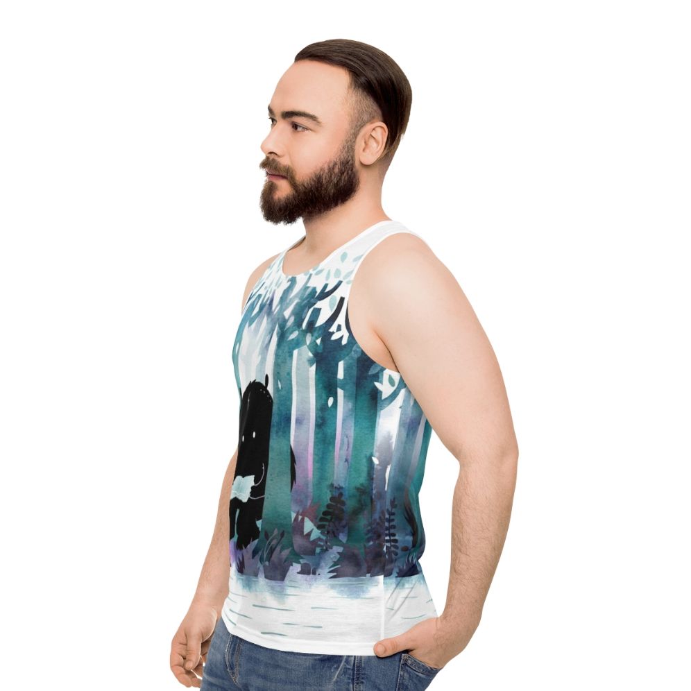 Watercolor unisex tank top with nature and book theme - men side