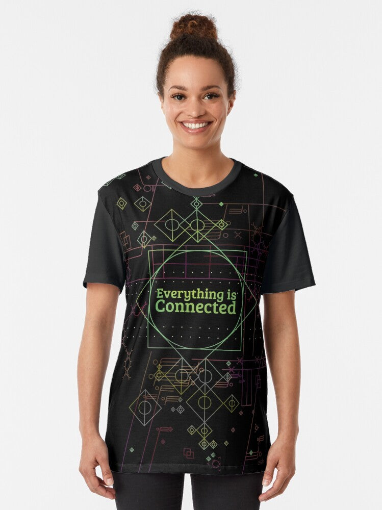 "Dirk Gently's Everything is Connected graphic t-shirt featuring characters and motifs from the Douglas Adams book series and Netflix TV adaptation." - Women