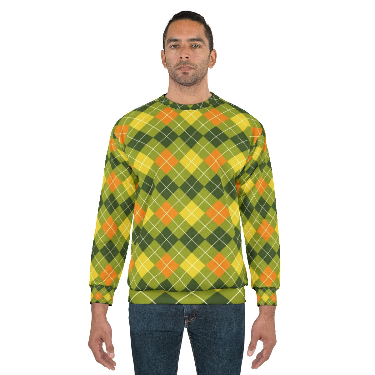 Yellow, orange, and green argyle pattern sweatshirt - men