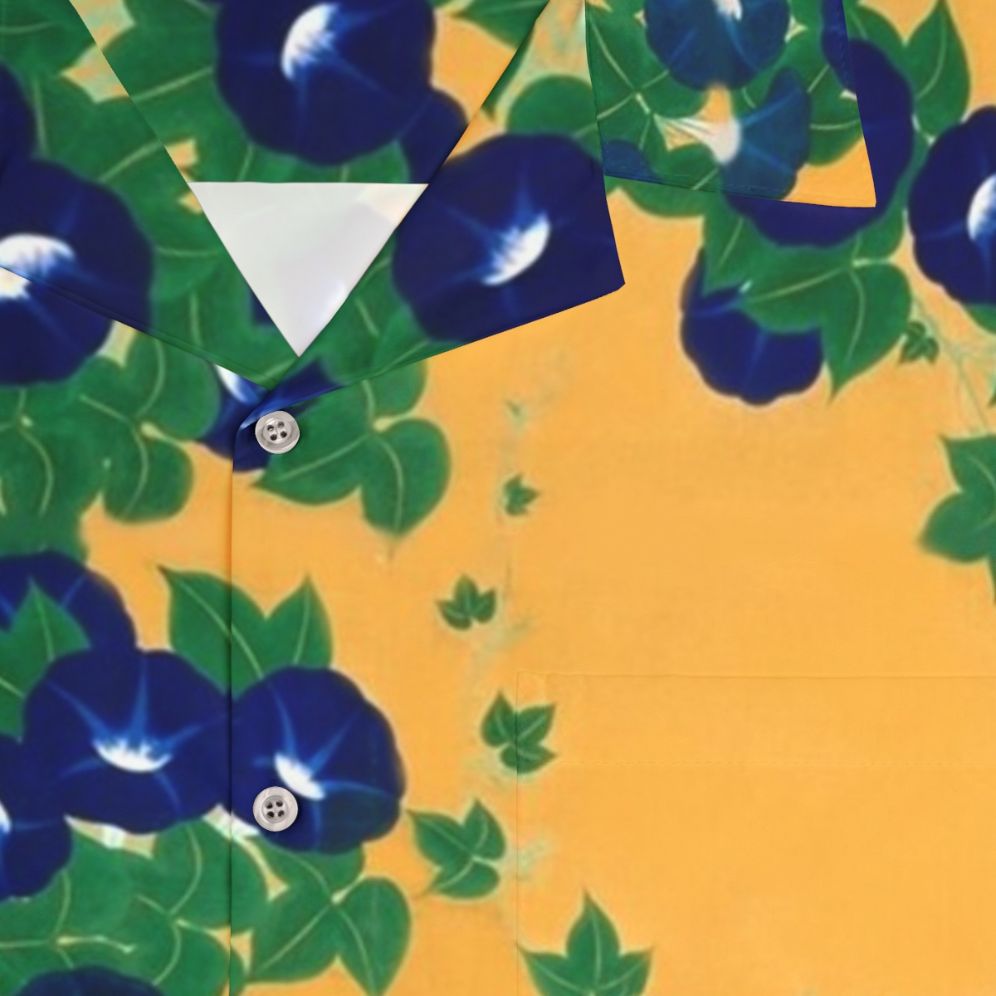 Blue morning glory flowers inspired by Edo period Japanese artwork printed on a Hawaiian shirt - Detail