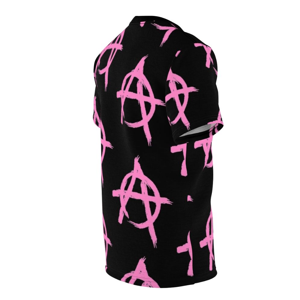 Vibrant pink anarchy-inspired t-shirt with stylish graphics for music fans - men right