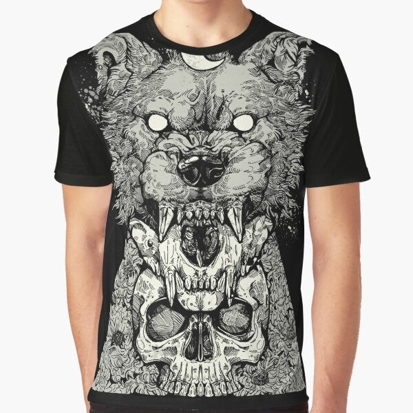 Howling wolf graphic design on a black t-shirt