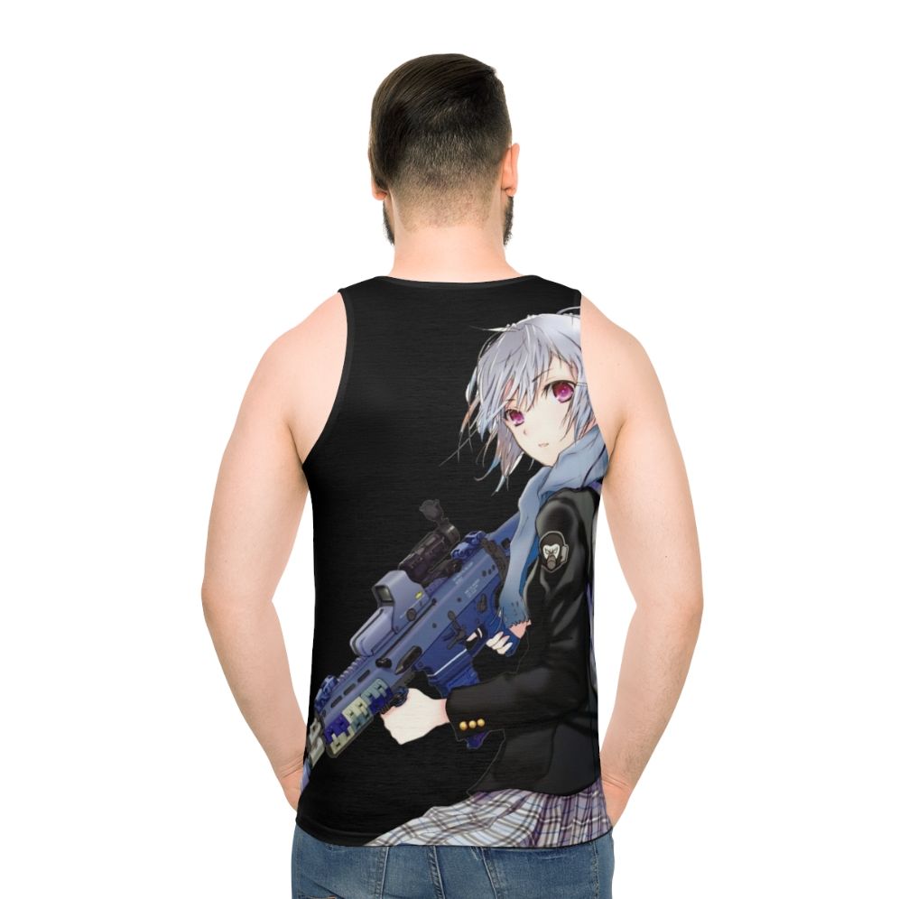 Unisex anime girl with gun graphic on tank top - men back