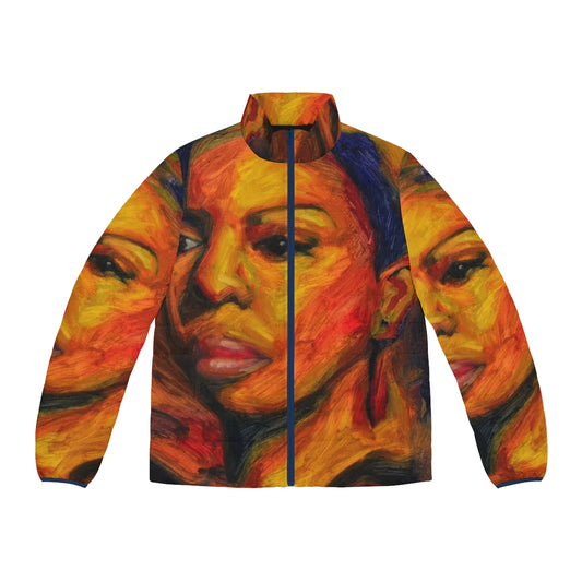 Nina Simone inspired puffer jacket with musical notes and lyrics