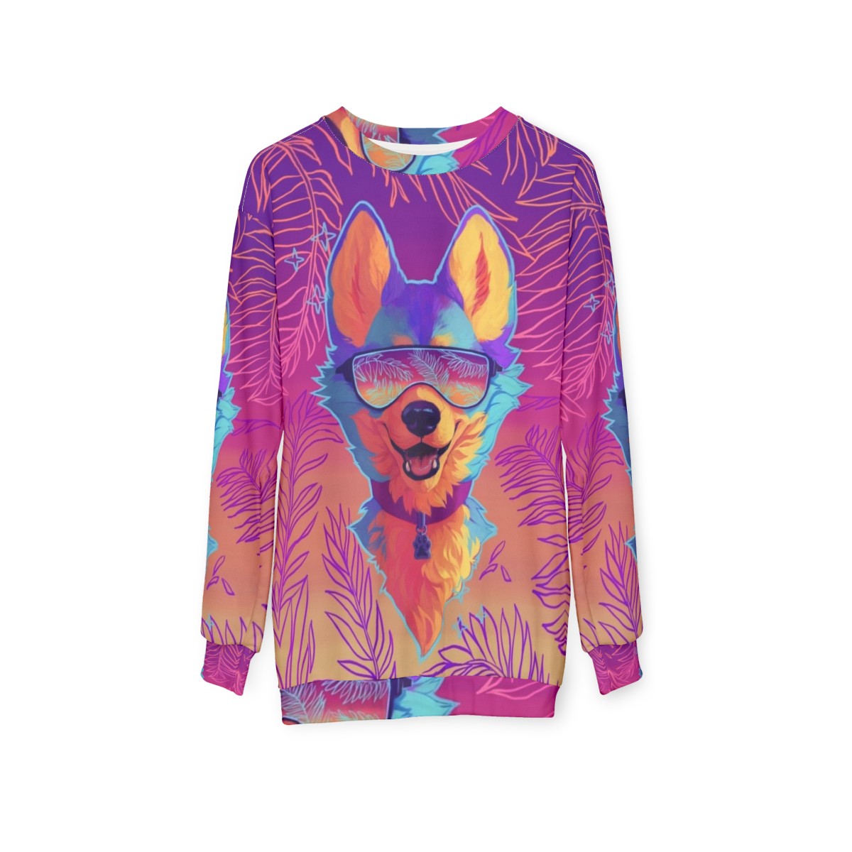 Sparkle Dog Furry Sweatshirt with Vaporwave Aesthetic Design - hanging