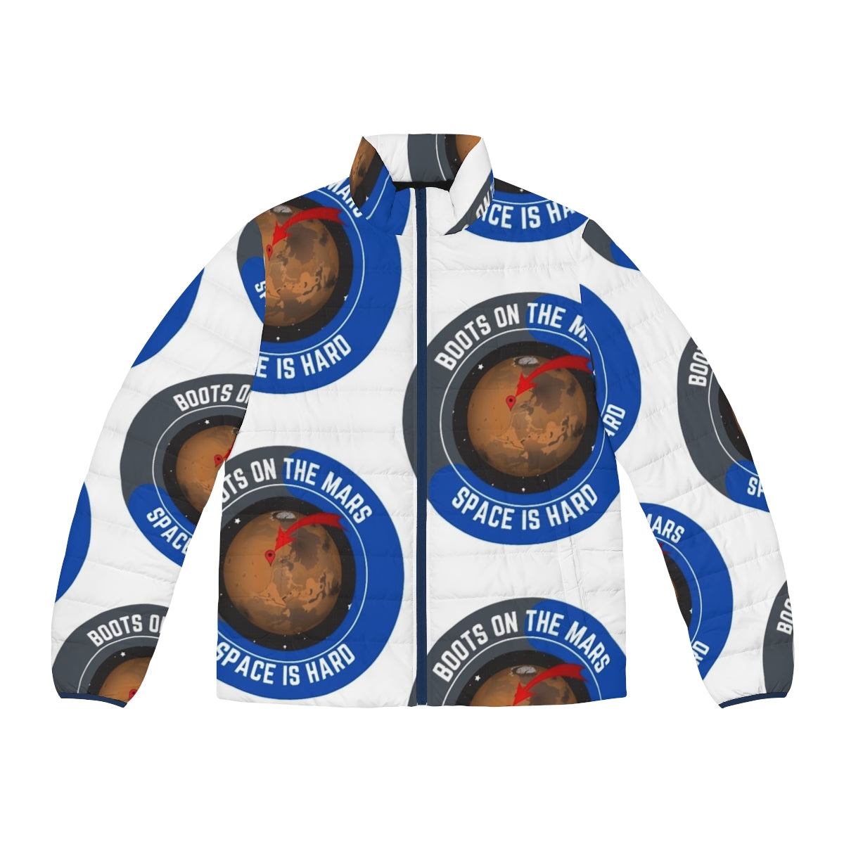 Space Force inspired puffer jacket with moon and mars graphics