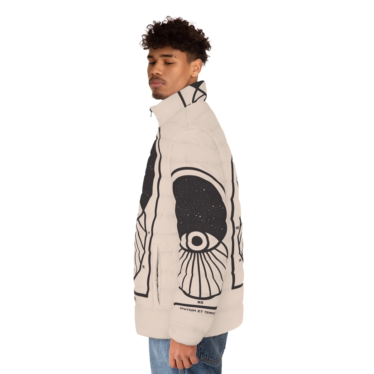 Futuristic space and time puffer jacket with minimalist art design - men side left