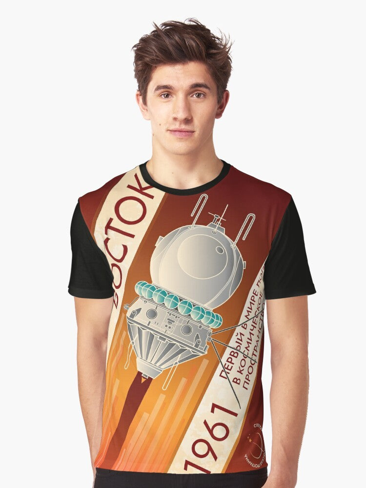 Retro Soviet space graphic t-shirt featuring Vostok spacecraft and Yuri Gagarin's historic 1961 flight - Men