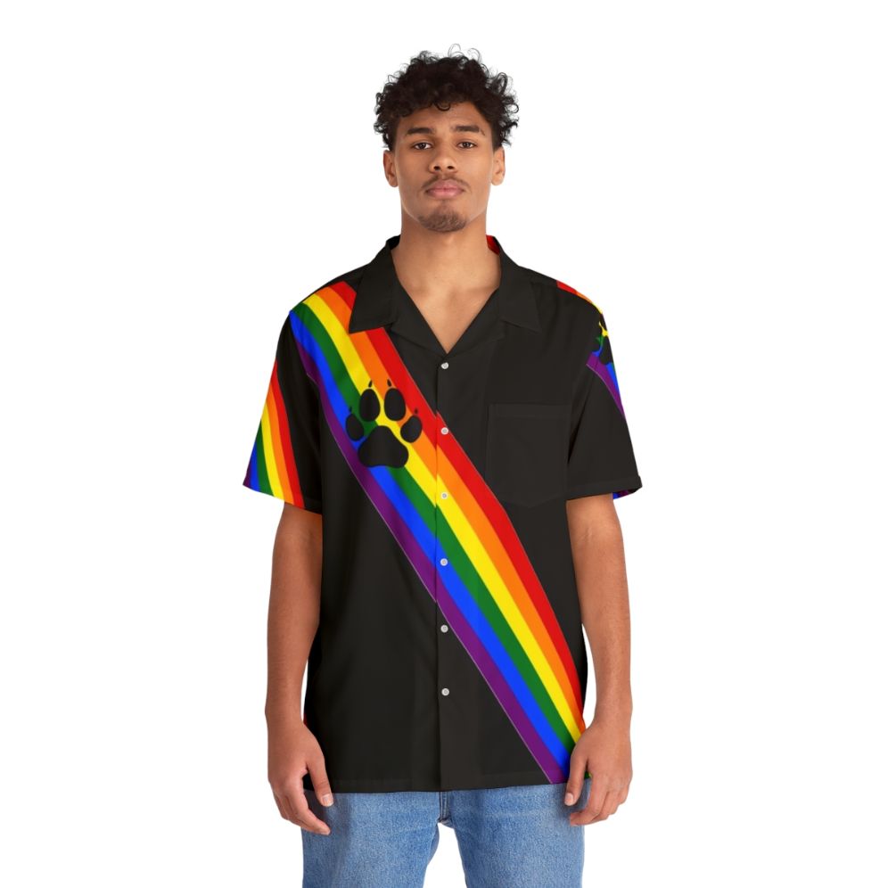 Colorful Hawaiian-style shirt with pup design for LGBTQ pride - People Front