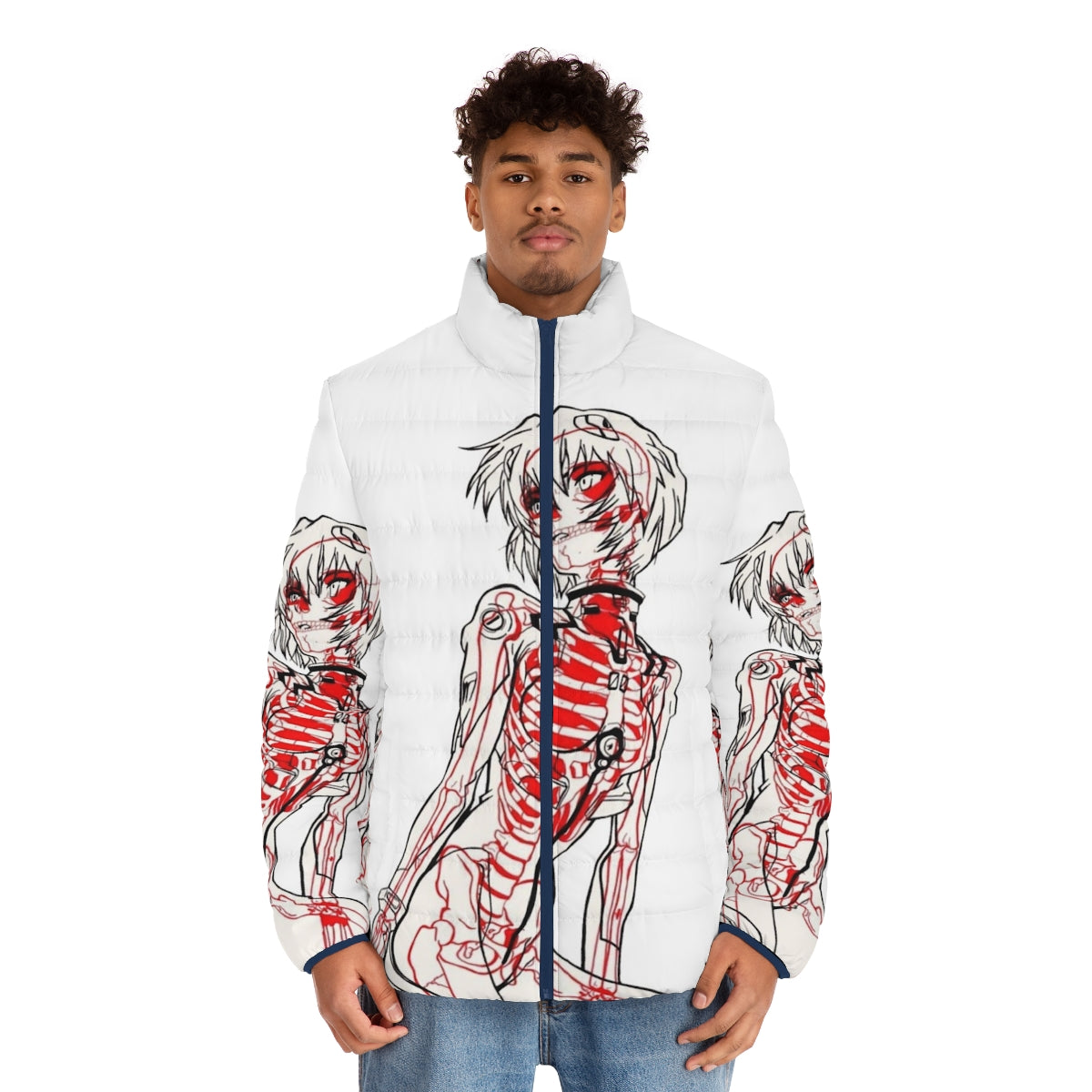 Rei Ayanami Neon Genesis Evangelion inspired puffer jacket featuring Eva Unit 01 design - men front