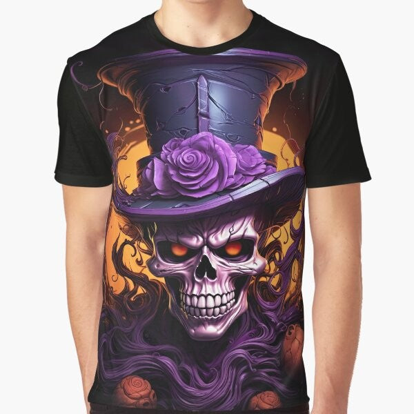 Punk skull with top hat in orange, purple, and black - a scary and spooky graphic t-shirt