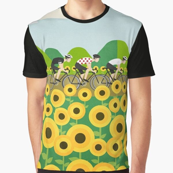 A graphic t-shirt featuring a cycling design inspired by the famous Tour de France bicycle race.