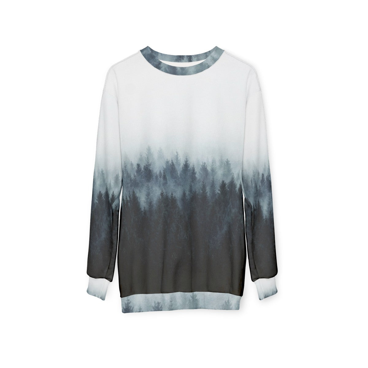 High and Low Sweatshirt with Foggy Forest Design - hanging