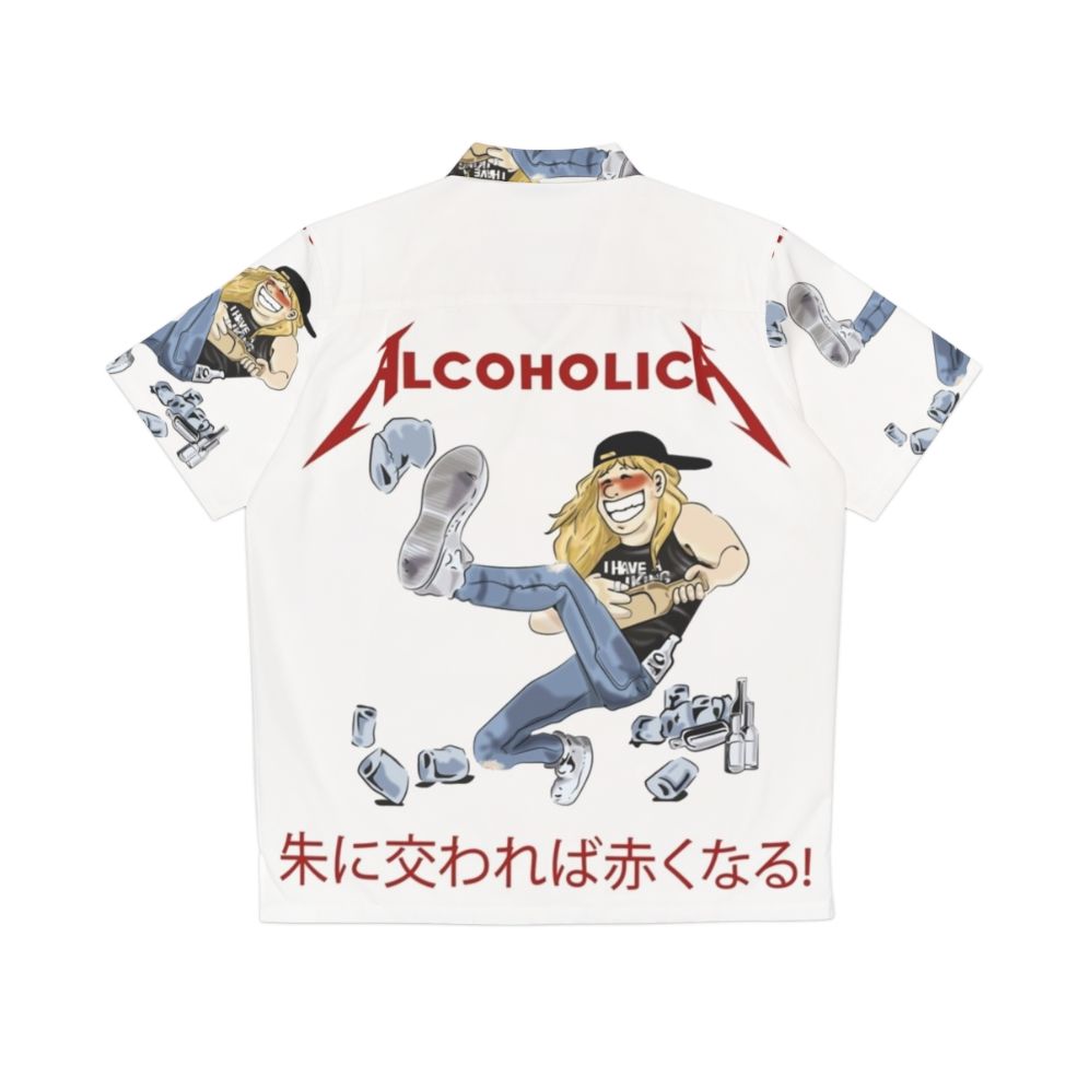 Alcoholica illustration Hawaiian shirt with guitar, long hair, and alcohol graphics - Back