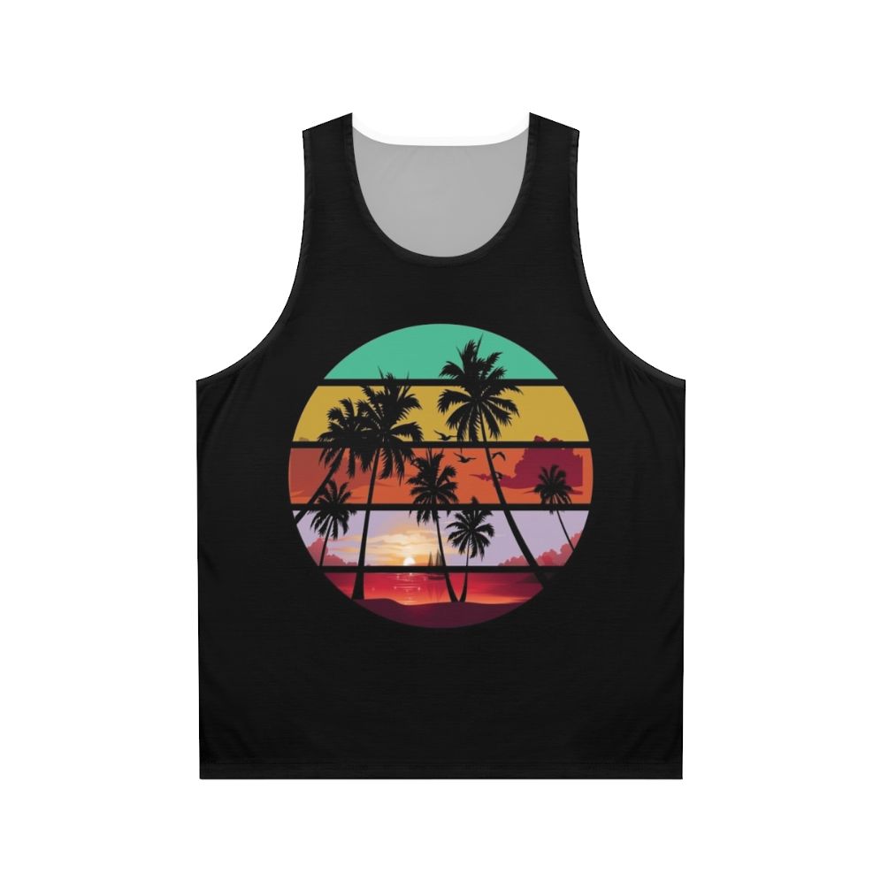 Unisex tank top with tree silhouette and sunset landscape